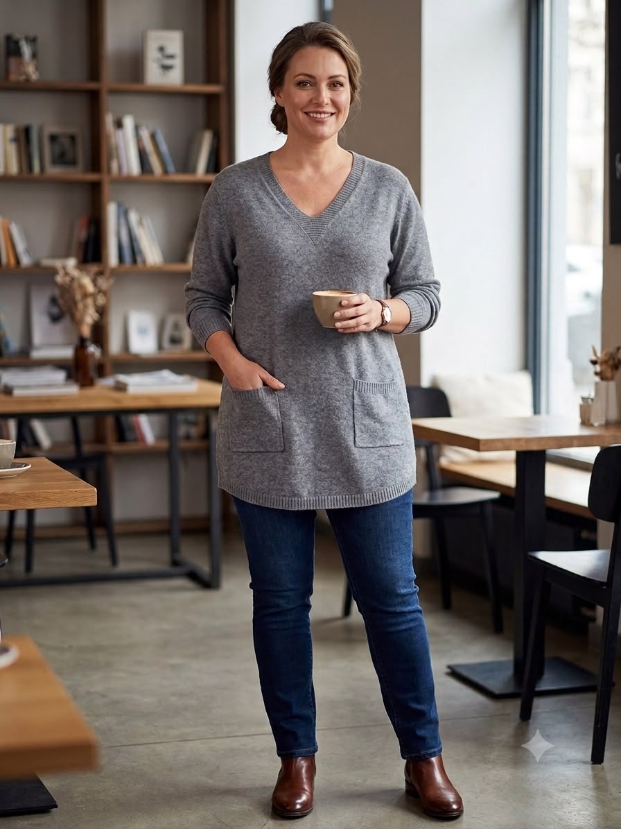Jersey Largo Oversize Cuello V con bolsillos de Parche AH8042